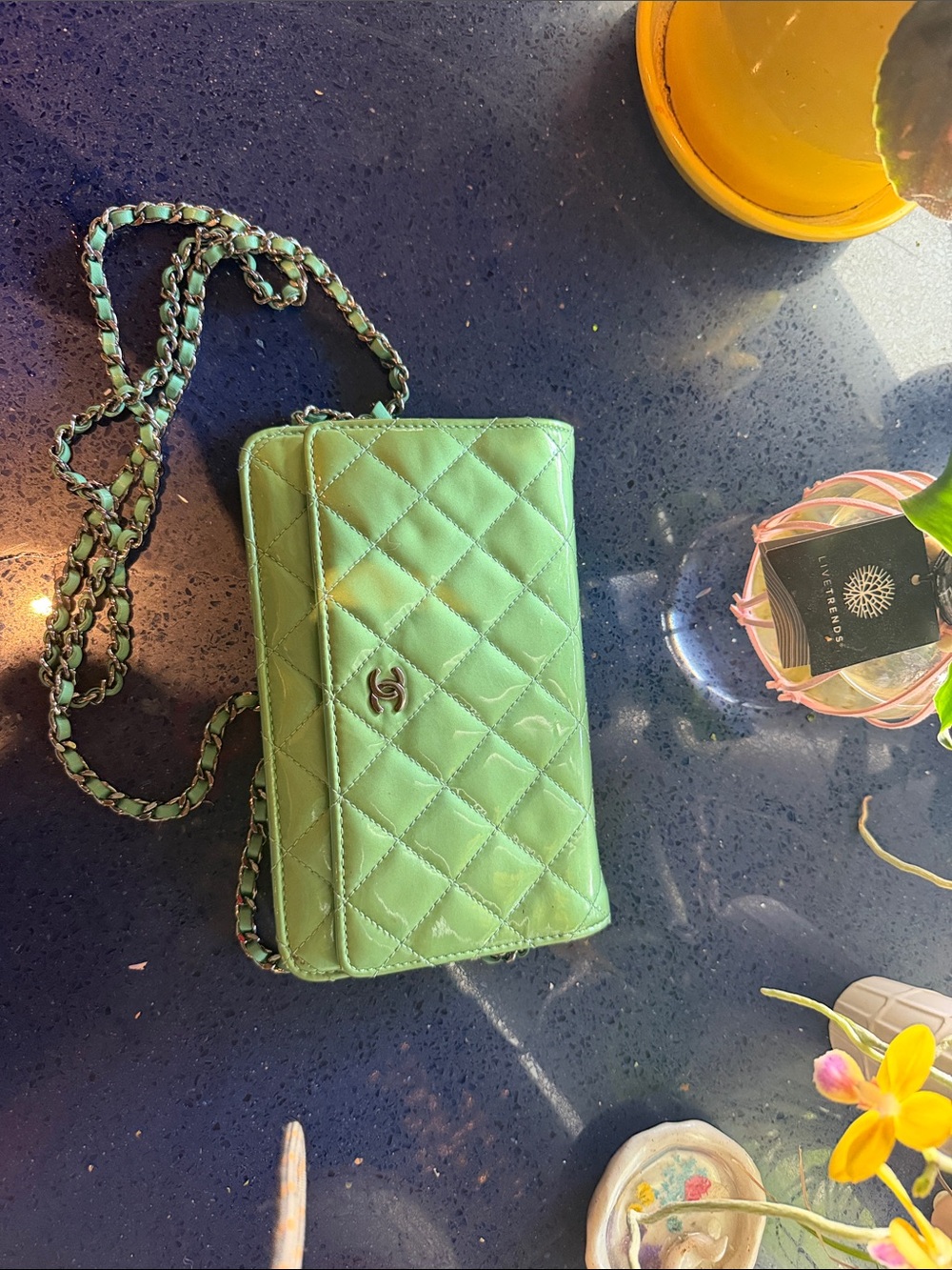 CHANEL Green Quilted Leather Crossbody Wallet